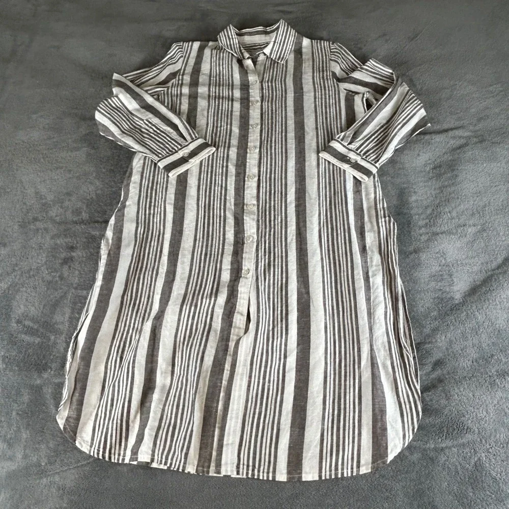 Chicos Striped Linen Cotton Swim Cover Up Shirt Dress Grey White Size 1P Medium‎